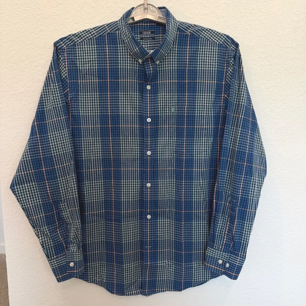 IZOD Mens Blue Green Plaid Non-Iron‎ Stretch Long Sleeve Button Down Shirt Large